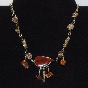 Brown STONES & CRYSTAL Ankle Bracelet Silvertone Swirls 10" Long